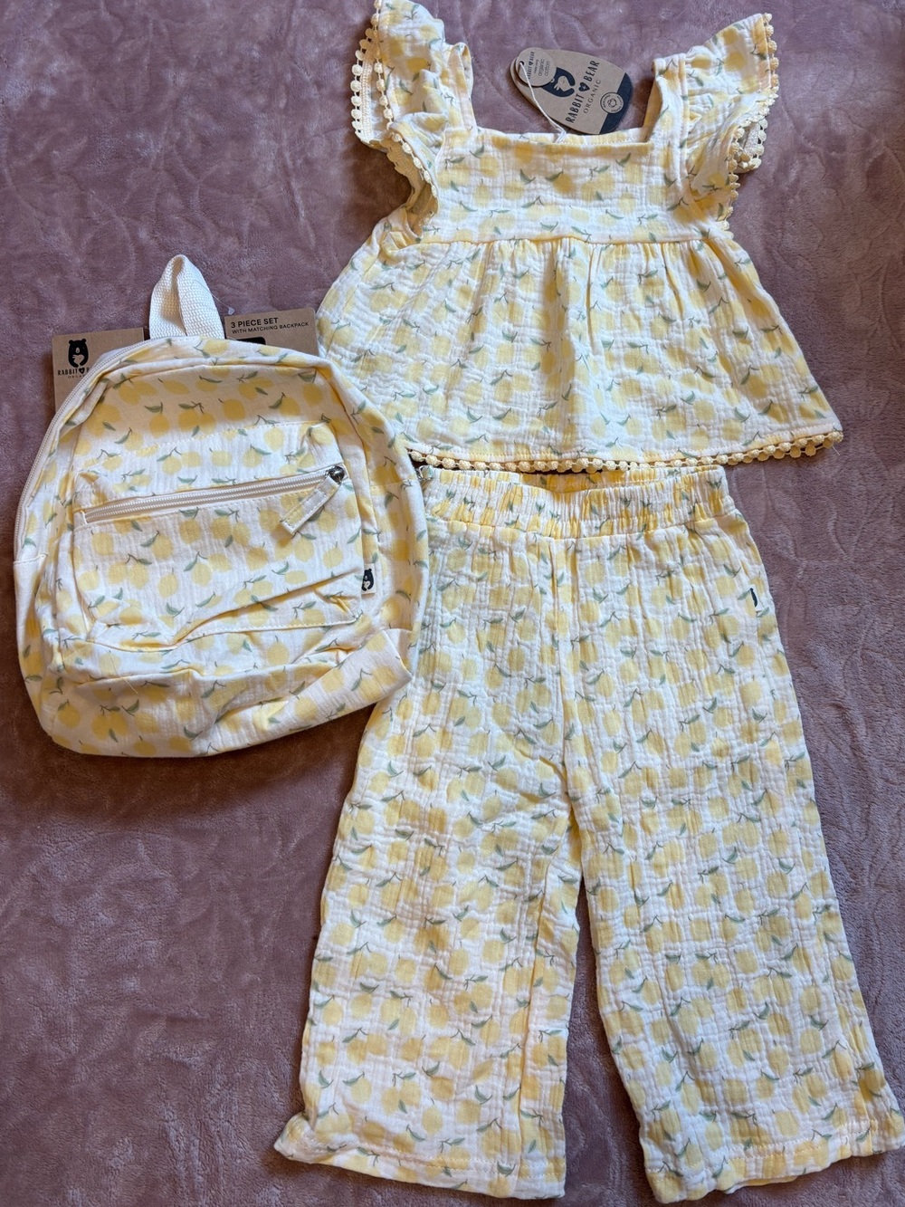 Rabbit + Bear 100% Organic Cotton Lemon Top Bottom & Backpack Matching Set 24M